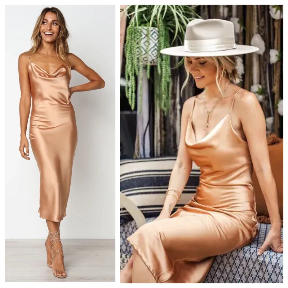 Petal and Pup Gold Satin Persia Slip Midi Dress Size 8 Party/Cocktail Dress